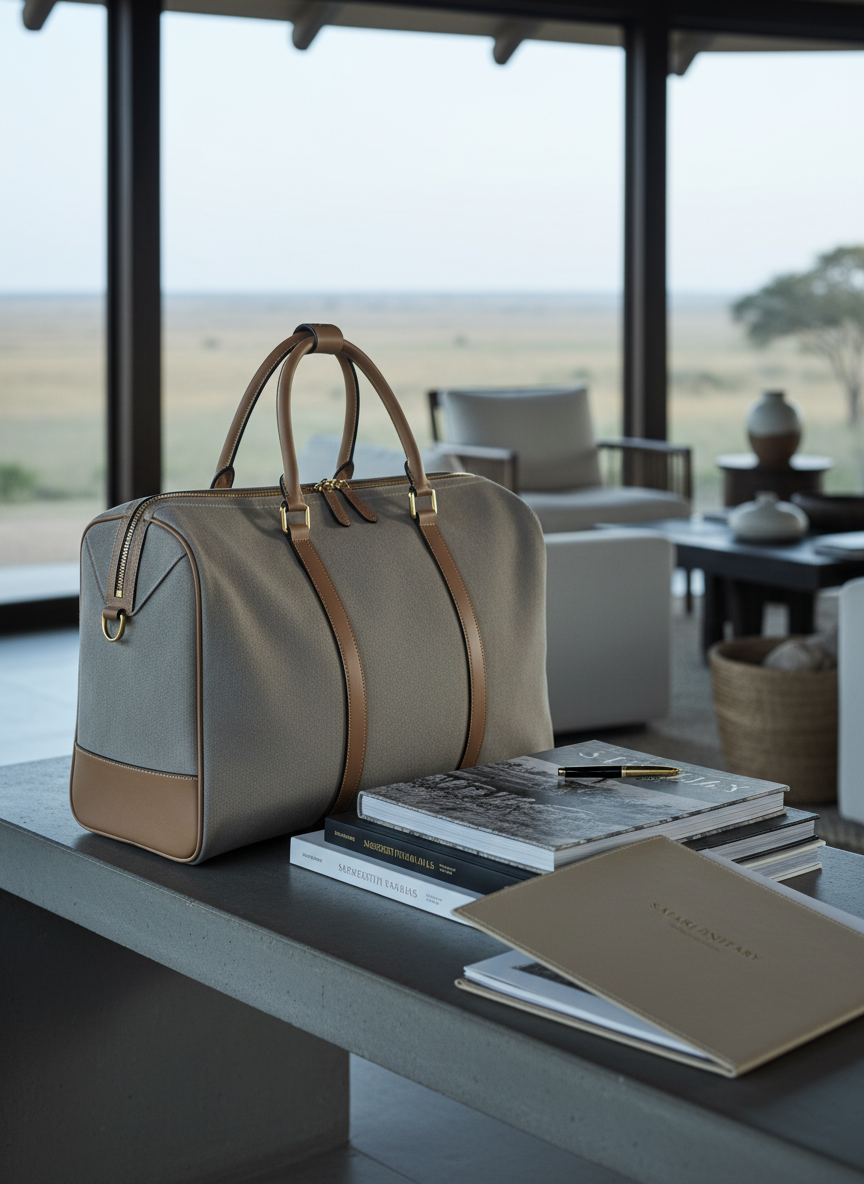 A high-end, structured canvas weekender bag in taupe tones sitting neatly beside a stack of curated safari books and an embossed itinerary folder. The setup is on a matte stone bench adjacent to a panoramic window that lets in cool, diffused daylight, creating subtle highlights along the bag’s smooth zippers and polished hardware. Balanced composition, with foreground focus on the bag and itinerary, utilizes a gentle depth of field to softly blur the carefully staged, neutral-hued background props mimicking lodge interiors. This image feels confidently serene and detail-driven, captured in photographic realism with an emphasis on organization, readiness, and the tactile quality of concierge-level travel preparation.